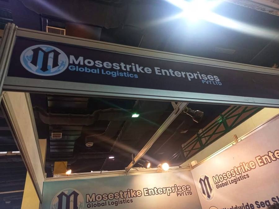 Mosestrike booth sign at a trade expo